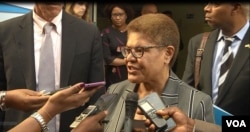FILE - U.S. Representative Karen Bass, D-Calif., is pictured after meeting with refugees, July 1, 2019. (Moki Kindzeka/VOA)