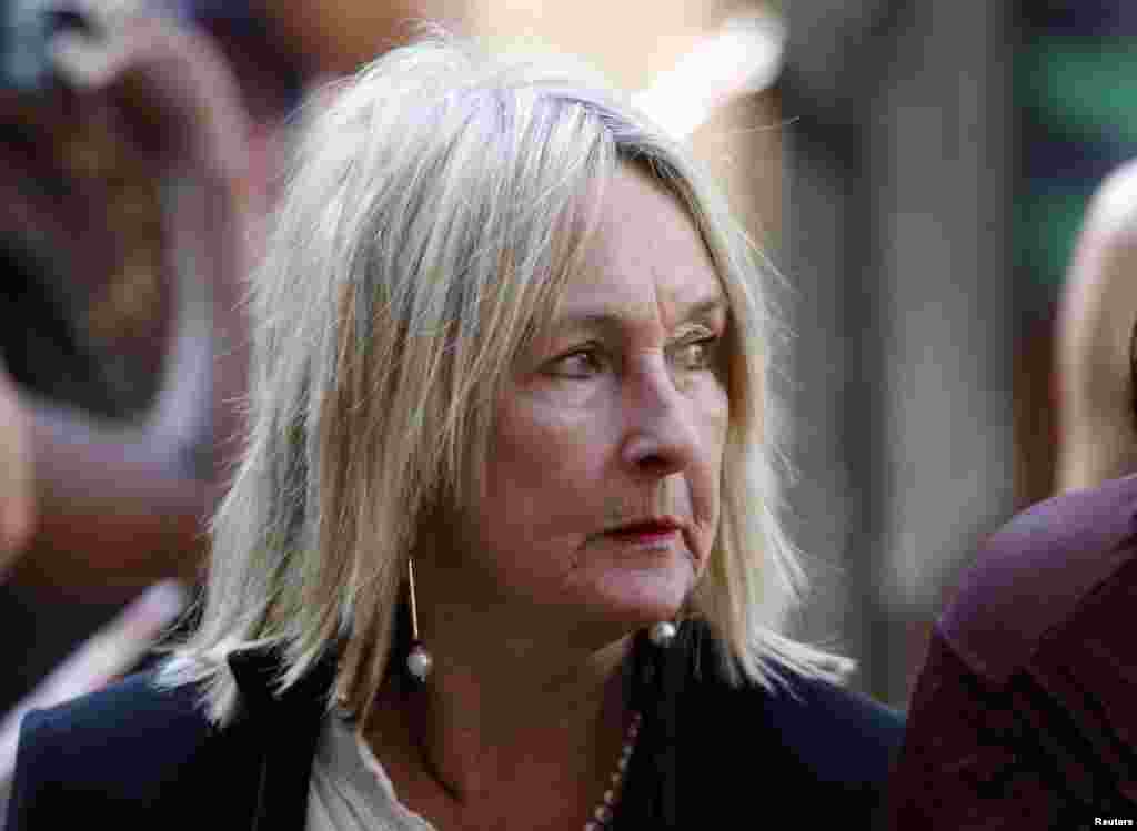 June Steenkamp, mother of Reeva Steenkamp, arrives at the North Gauteng High Court in Pretoria, South Africa, Oct. 14, 2014. 