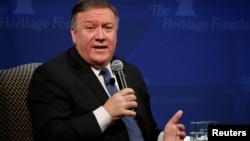 Le secrétaire d'État américain Mike Pompeo fait des remarques sur la politique iranienne de l'administration Trump à la Heritage Foundation à Washington, États-Unis, le 21 mai 2018.