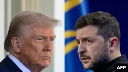 This combination of pictures created on Feb. 25, 2025 shows U.S. President Donald Trump, left, on Feb. 24, 2025, and Ukraine's President Volodymyr Zelenskyy on Feb.23, 2025.