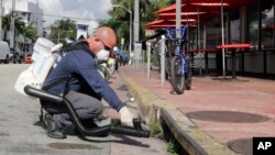 FILE - A Miami-Dade mosquito control inspector sprays a chemical mist into a storm drain in Miami Beach, Florida, Aug. 23, 2016. 