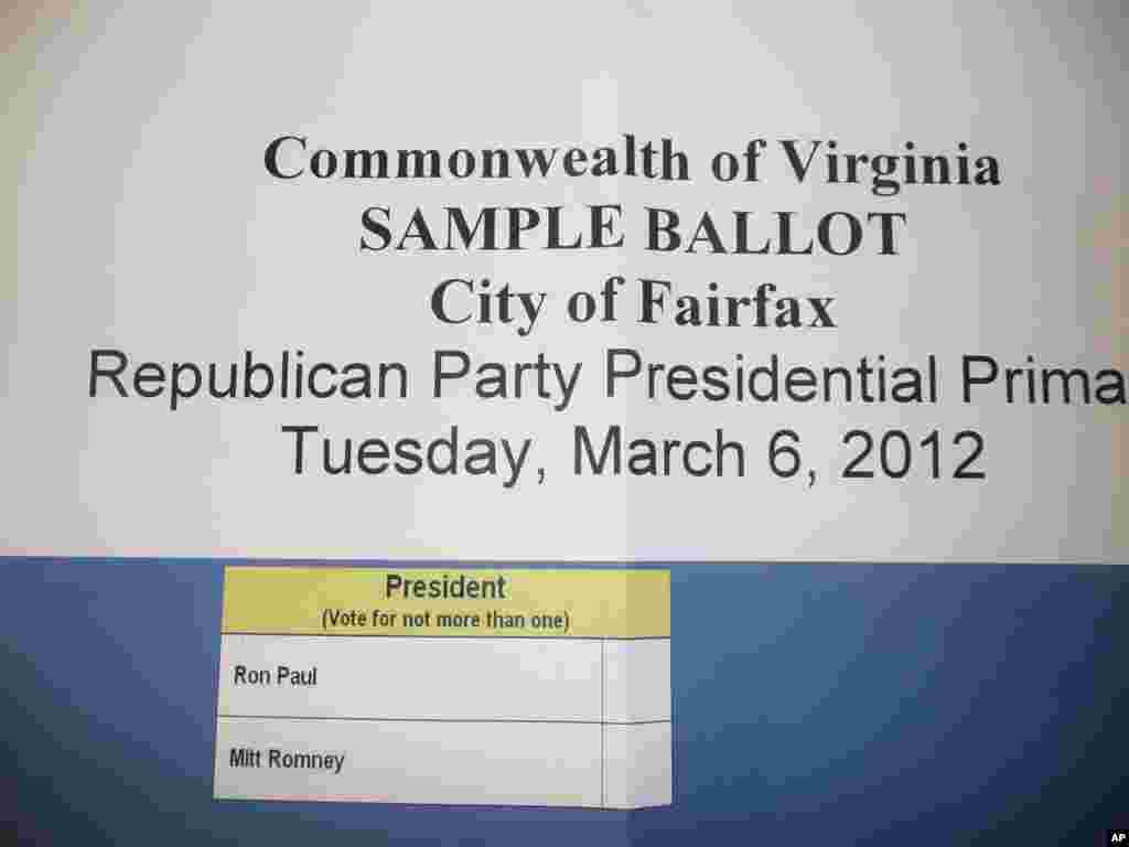 维吉尼亚州共和党初选选票范本-选票上只有罗姆尼与保罗两人名字