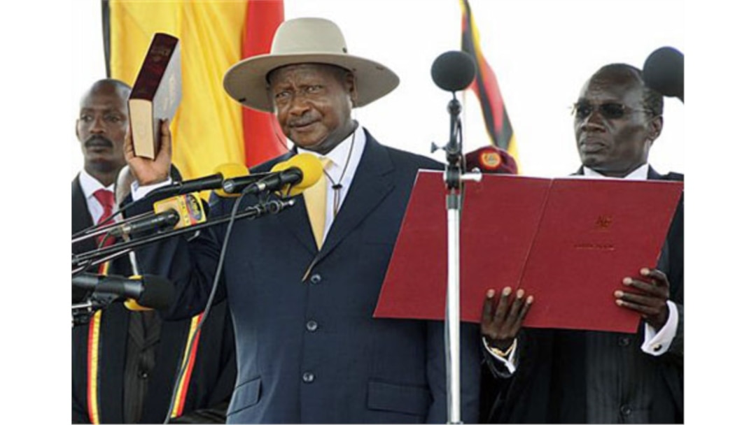 FILE - Ugandan President Yoweri Museveni is sworn in for another term at Kololo Airstrip in the capital city Kampala, May 12, 2011