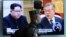A South Korean marine passes by a TV screen showing file footage of South Korean President Moon Jae-in and North Korean leader Kim Jong Un, left, during a news program at the Seoul Railway Station in Seoul, South Korea, April 18, 2018.