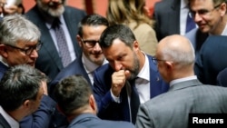 Italy's Interior Minister and Deputy Prime Minister Matteo Salvini reacts after the result of a vote on the future of a contested Alpine rail link to connect Turin with Lyon, France, at the Senate, Rome, Italy, Aug. 7, 2019.