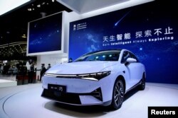 FILE - An Xpeng P5 electric vehicle (EV) is seen displayed during a media day for the Auto Shanghai show in Shanghai, China April 19, 2021. (REUTERS/Aly Song/File Photo)