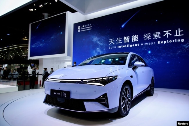 FILE - An Xpeng P5 electric vehicle (EV) is seen displayed during a media day for the Auto Shanghai show in Shanghai, China April 19, 2021. (REUTERS/Aly Song/File Photo)
