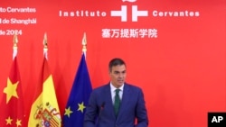 In this photo released by Xinhua News Agency, Spain's Prime Minister Pedro Sanchez speaks as he attends the launching ceremony of Instituto Cervantes in Shanghai, China, Sept. 10, 2024.