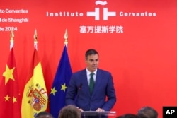 Perdana Menteri Spanyol Pedro Sanchez saat menghadiri upacara peluncuran Instituto Cervantes di Shanghai, China, 10 September 2024. (Fang Zhe/Xinhua via AP)