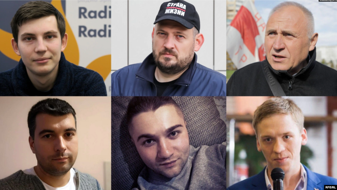 Белорусские политзаключенные Игорь Лосик, Сергей Тихановский, Николай Статкевич, Владимир Цыганович, Артём Саков и Дмитрий Попов 