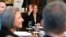 Vice President Kamala Harris gestures during a meeting with business CEOs about economic development in the Northern Triangle, from her ceremonial office on the White House complex, May 27, 2021.
