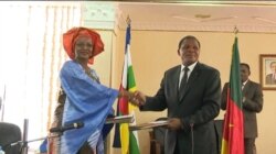 Cameroon minister for territorial administration Paul Atanga Nji, left, and CAR minister for humanitarian action and reconciliation Viviane Baikou shake hands during a meeting in Yaounde, Cameroon, July 4, 2019. (M. Kindzeka/VOA)