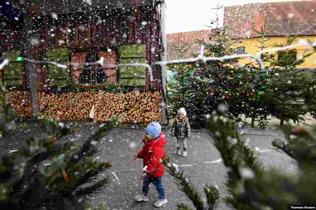독일 란츠후트의 드라이브 스루 크리스마스 가게에서 아이들이 놀고 있다. 