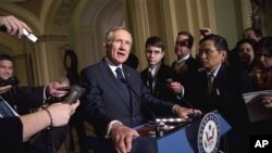 Senate Majority Leader Sen. Harry Reid, D- Nev., talks to the media after a Democratic policy luncheon on in Washington, March 1, 2011