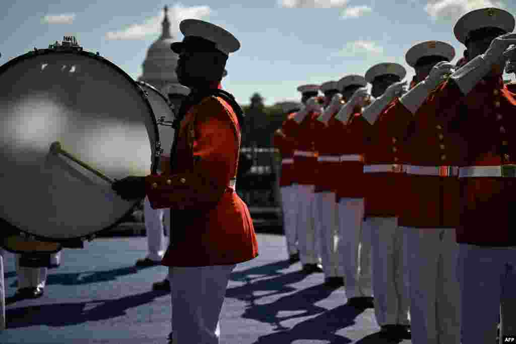 A US military band performs before the start of the IndyCar Freedom 250 Grand Prix in Washington, DC, on August 23, 2026.