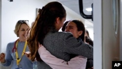 A handout photo provided by the IDF showing the release of Sahar Kalderon, a 16-year-old Israeli hostage that was held by Hamas, Tel Aviv, Nov. 27, 2023.