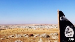 FILE - An image made available by propaganda Islamist media outlet Welayat Halab allegedly shows the trademark Jihadist flag positioned in the Mishtenur area, a plateau south of Kobani, Syria, October 10, 2014.