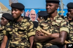 Mozambique soldiers undergo security preparations ahead of the Pope's visit in Antananarivo, Sept. 3, 2019.
