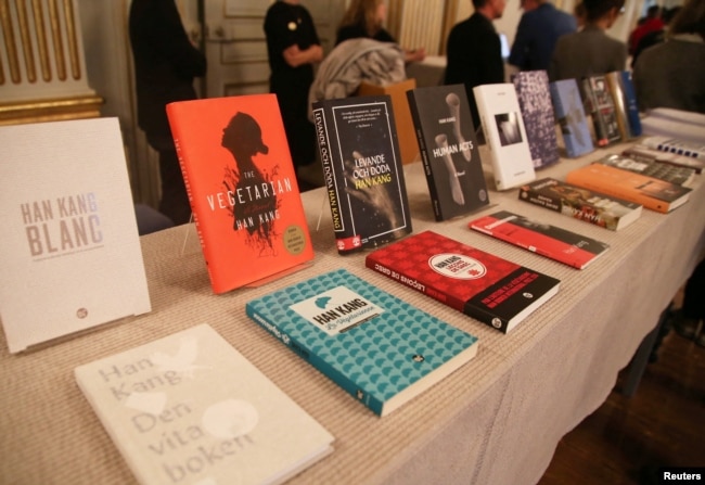 Books by South Korean writer Han Kang are displayed in the Swedish Academy after she was named the 2024 laureate of the Nobel Prize in Literature in Stockholm, Sweden, October 10, 2024. (REUTERS/Tom Little)