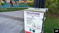 Një kuti për ilaçin Naloxone, që ndihmon kundër mbidozës, gjendet në një park në Rochester, Nju Jork (2 shtator 2024)