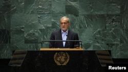 Iran's President Masoud Pezeshkian addresses the 79th United Nations General Assembly at U.N. headquarters in New York, September 24, 2024.