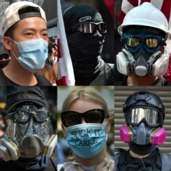 FILE - This combination of pictures created Oct. 4, 2019, shows protesters wearing face masks during demonstrations in Hong Kong.
