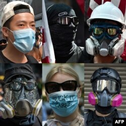 FILE - This combination of pictures created Oct. 4, 2019, shows protesters wearing face masks during demonstrations in Hong Kong.