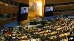 United Nations Ambassador from United States, Linda Thomas-Greenfield, addressing the U.N. General Assembly, ahead of a vote on a resolution condemning Russia's referendum in Ukraine, Oct. 12, 2022.