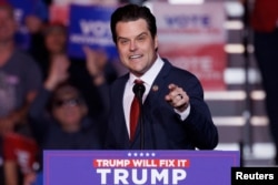 FILE - U.S. Representative Matt Gaetz speaks at a campaign rally for Donald Trump in Henderson, Nevada, on Oct. 31, 2024. Trump said on Nov. 13, 2024, that he would nominate Gaetz as attorney general.