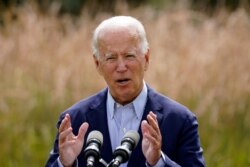 FILE - In this Sept. 14, 2020 file photo, Democratic presidential candidate and former Vice President Joe Biden speaks about climate change and wildfires affecting western states in Wilmington, Del.