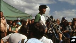 FILE - In this 1979 photograph, Jim Williams speaks during a protest against the damming of the Little Tennessee River, home or the Snail Darter, in Tenn.