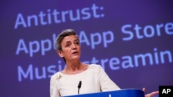 European Commissioner for Europe fit for the Digital Age Margrethe Vestager speaks during an online news conference on Apple anti trust case at the EU headquarters in Brussels, Friday, April 30, 2021. 