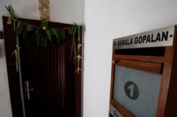 Postal box with the name Sarala Gopalan, aunt of Kamala Harris, is seen outside Harris' maternal grandparents' former apartment which she visited occasionally, in Chennai.