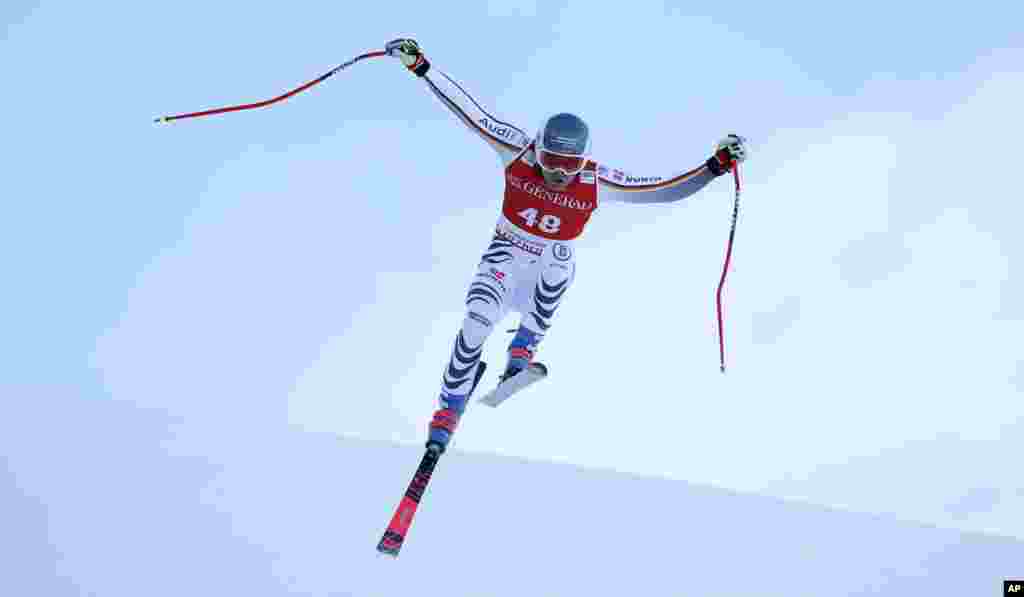 Germany&#39;s Manuel Schmid competes during an alpine ski, men&#39;s World Cup super-G, in Kitzbuehel, Austria.