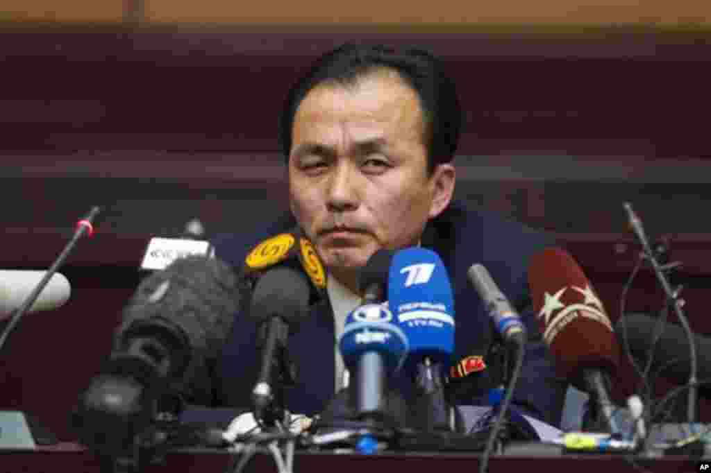 Ryu Kum Chol, deputy director of space exploration in the Department of Space Technology of North Korea speaks to the international media in Pyongyang, North Korea Tuesday, April 10, 2012. North Korean space officials said Tuesday that all assembly and pr