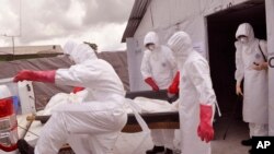 Petugas kesehatan menggunakan pakaian pelindung dari Ebola memindahkan jenazah korban virus tersebut di Monrovia, Liberia. (AP/Abbas Dulleh)