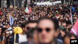 People take part in a protest after the appointment two days ago of a right-wing prime minister following July elections, in Nantes, France, on Sept. 7, 2024.