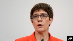 Annegret Kramp-Karrenbauer, chairwoman of the German Christian Democratic Union (CDU), adresses the media during a press conference at the party's headquarters in Berlin, Germany, Feb. 7, 2020. 