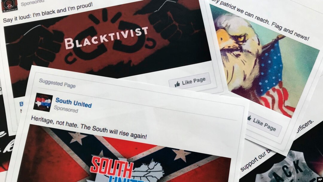 Beberapa iklan Facebook yang terkait dengan upaya Rusia untuk mengganggu proses politik Amerika dan memicu ketegangan seputar masalah sosial yang memecah belah, dirilis oleh anggota komite Intelijen DPR AS, difoto di Washington. (Foto: AP)