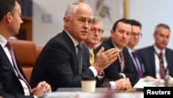 Australian Prime Minister Malcolm Turnbull speaks to state and territory leaders during a meeting of the Council of Australian Governments at Parliament House in Canberra, Australia, Oct. 5, 2017. 