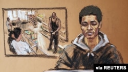 Christopher Martin testifies about George Floyd paying with counterfeit $20 bills, as a store surveillance video plays on a screen, during the trial of Derek Chauvin, in Minneapolis, Minnesota, March 31, 2021, in this courtroom sketch from a video feed.