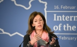 The Deputy Special Representative of the UN Secretary-General for Political Affairs in Libya, Stephanie Williams gives a press statement in Munich, Feb. 16, 2020.