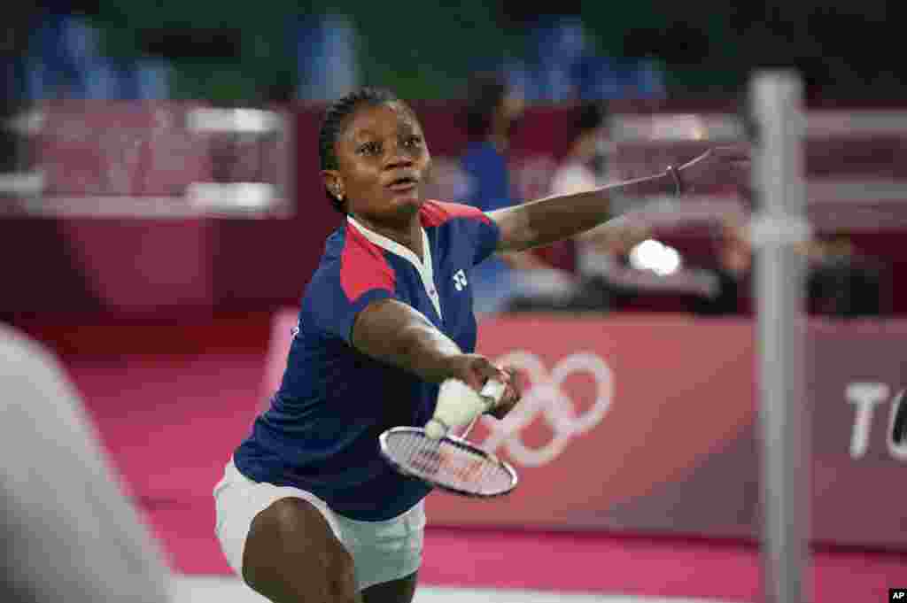 Nigeria&#39;s Dorcas Ajoke Esojkan Adesokan plays against Seyoung An of South Korea during women&#39;s singles group play stage Badminton match at the 2020 Summer Olympics, Tuesday, July 27, 2021, in Tokyo, Japan. (AP Photo/Dita Alangkara)