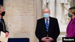 Senate Majority Leader Mitch McConnell (R-KY) participates in a walk-through of Joe Biden's presidential inauguration events at the U.S. Capitol in Washington, Jan. 19, 2021.