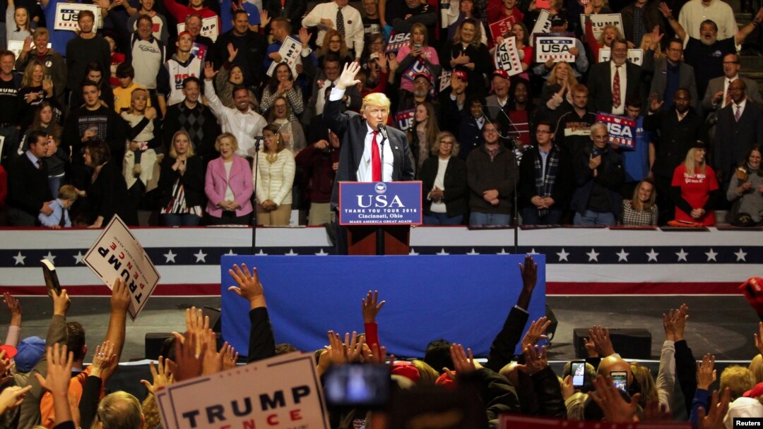 U.S. President-elect Donald Trump speaks at a rally as part of their "USA Thank You Tour 2016" in Cincinnati, Ohio, Dec. 1, 2016.