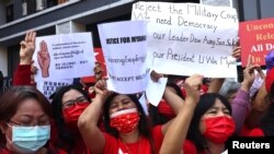 Members of the Burmese community in Taipei protest against the Myanmar military coup in Little Burma, home to many of Taiwan's Burmese immigrants, in Taipei, Taiwan. (File)