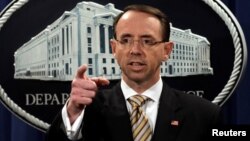 FILE - Deputy Attorney General Rod Rosenstein during a news conference at the Justice Department in Washington, Oct. 17, 2017. 