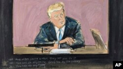 En este bosquejo de la sala del tribunal, se reproduce la cinta de video de la deposición de Donald Trump en una pantalla, en un tribunal federal de Manhattan, el jueves 4 de mayo de 2023 en Nueva York, EEUU.
