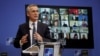 View of the room as NATO Secretary-General Jens Stoltenberg gives a news conference ahead of a NATO defense ministers council at the alliance headquarters in Brussels, Belgium, Feb. 15, 2021. (Olivier Hoslet/Pool via Reuters)