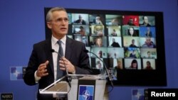 View of the room as NATO Secretary-General Jens Stoltenberg gives a news conference ahead of a NATO defense ministers council at the alliance headquarters in Brussels, Belgium, Feb. 15, 2021. (Olivier Hoslet/Pool via Reuters)